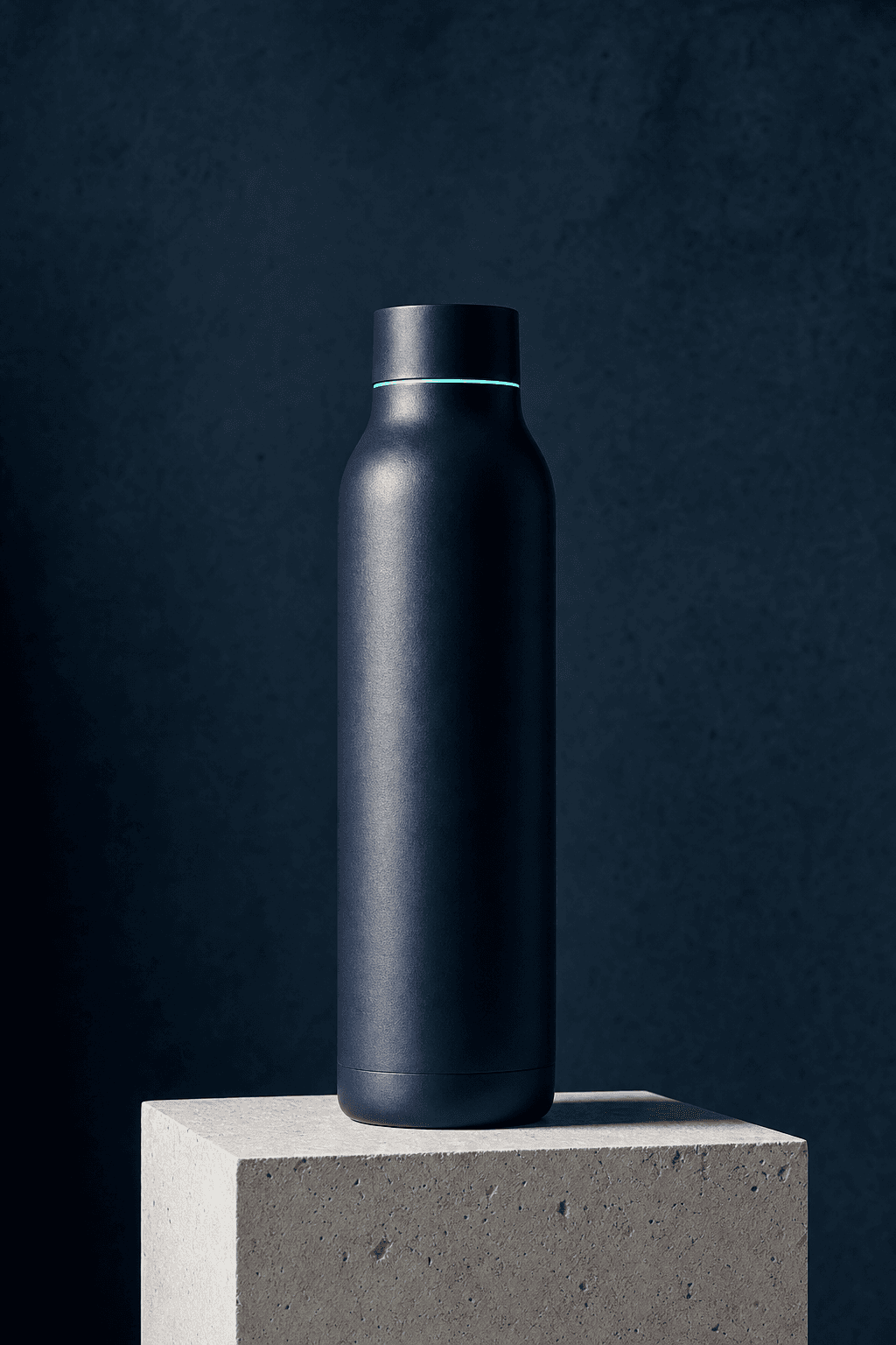 Dark reusable bottle concept standing on a pale stone block