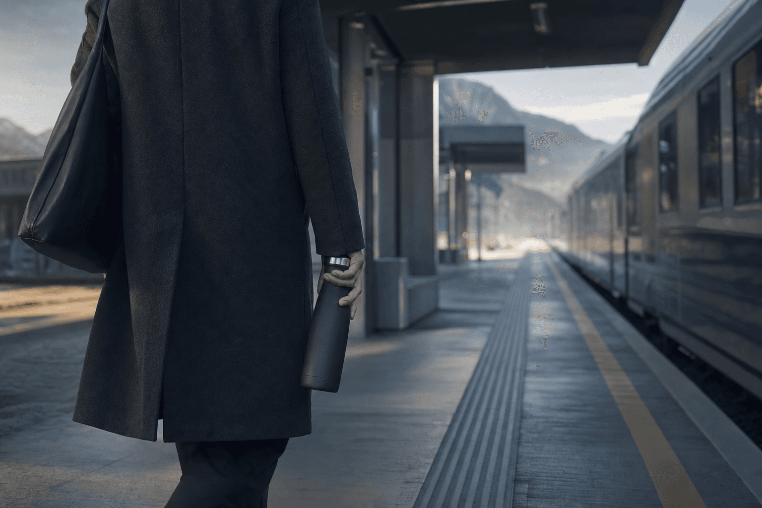 Person carrying a dark reusable bottle on a quiet train platform